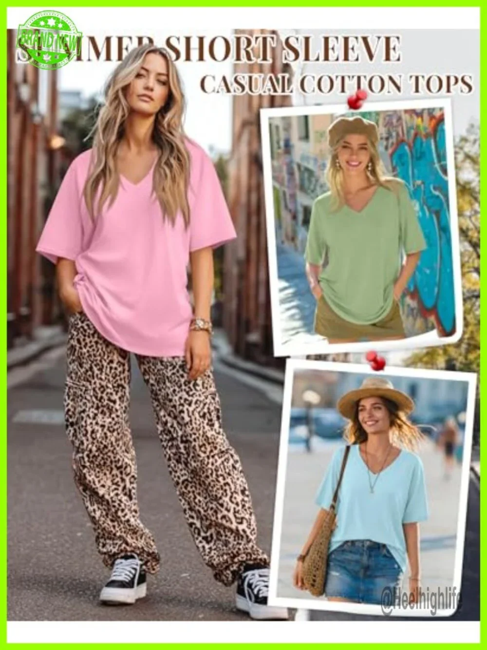 Women's Oversized Cotton V-Neck Short Sleeve T-Shirts 4 Pack